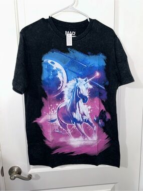 MAD Engine Black Short-Sleeve Tee with Blue & Pink Unicorn Graphic